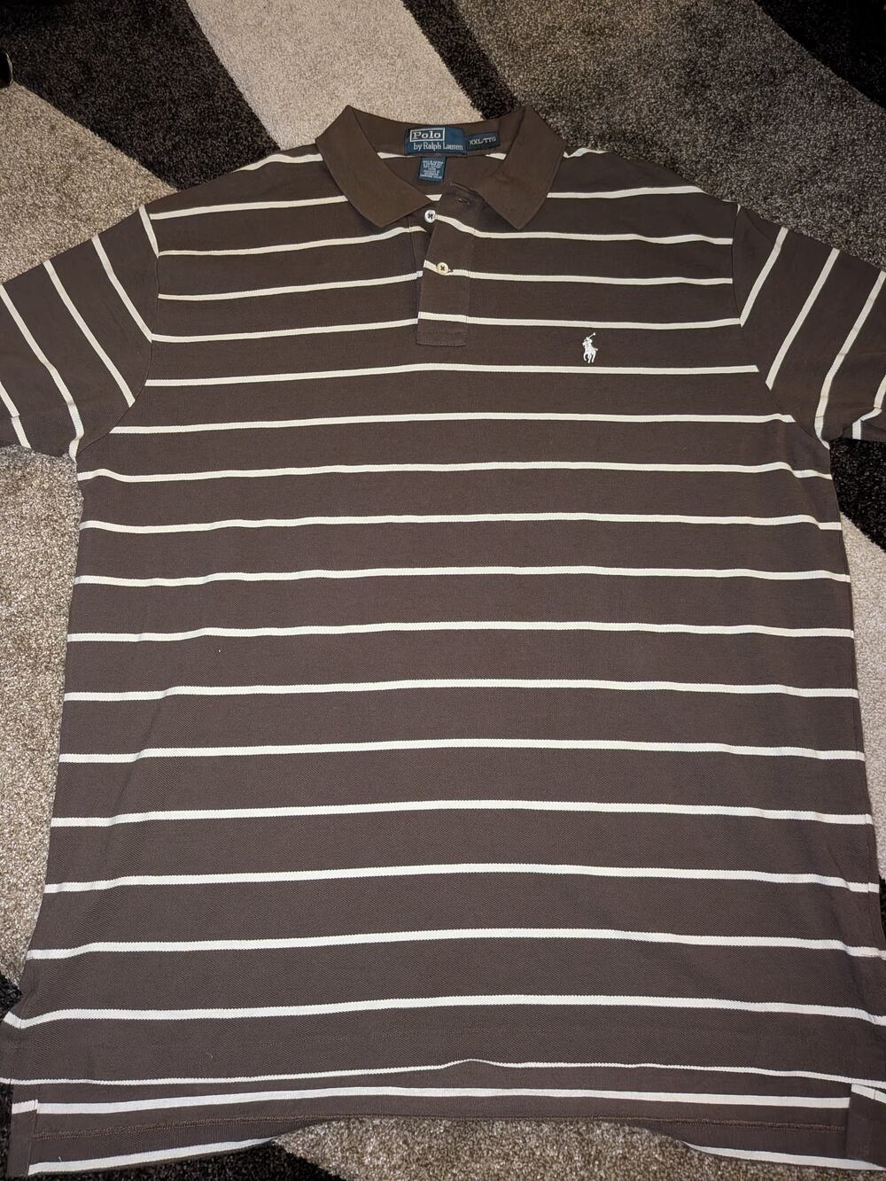 Polo by Ralph Lauren Mens Polo Shirt XXL Brown Cream Striped Pony Cotton Pique